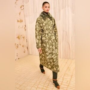 Ulla Johnson Sigrid Green Floral Trench Coat with Faux Fur Collar